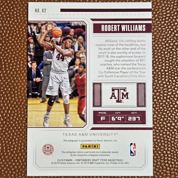 Robert Williams Rookie Auto SN# /23 2018 Draft Picks College Ticket - Texas A&M - Picture 4 of 4